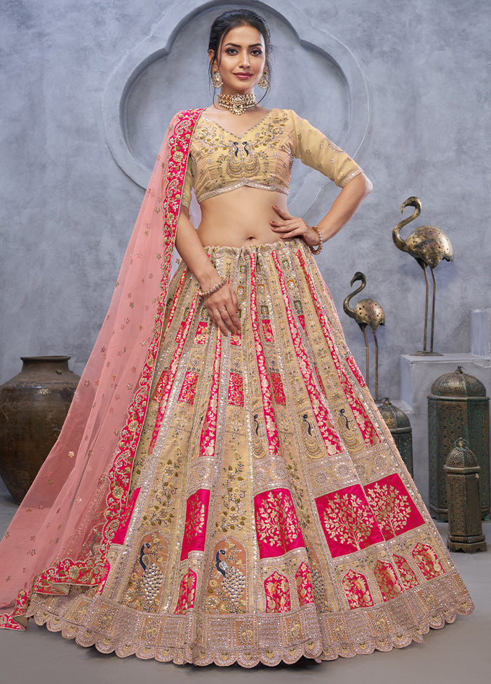 3 Pc Pink Silk Semi Stitched Lehenga Set