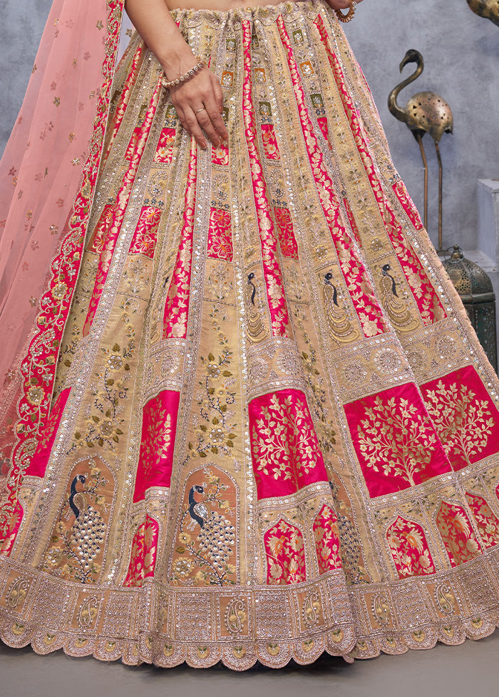 3 Pc Pink Silk Semi Stitched Lehenga Set