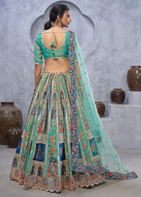 3 Pc Green Silk Semi Stitched Lehenga Set