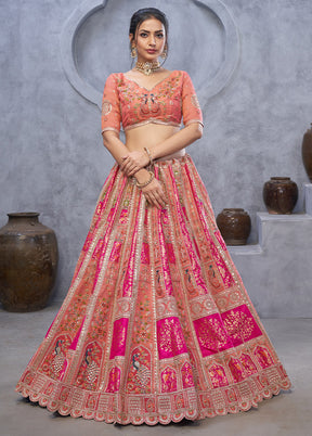 3 Pc Pink Silk Semi Stitched Lehenga Set