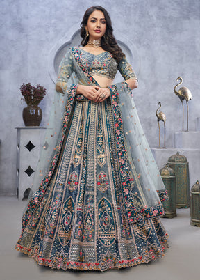 3 Pc Blue Silk Semi Stitched Lehenga Set