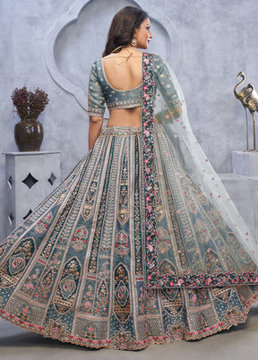 3 Pc Blue Silk Semi Stitched Lehenga Set