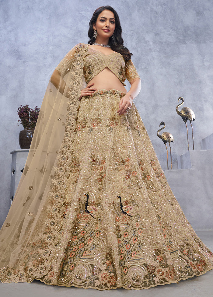 3 Pc Golden Net Semi Stitched Lehenga Set