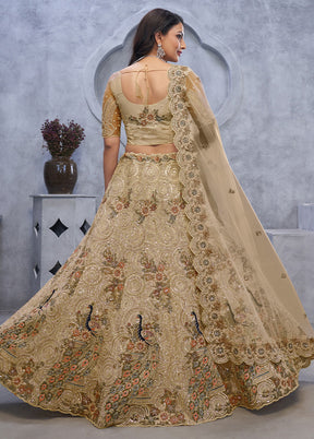 3 Pc Golden Net Semi Stitched Lehenga Set