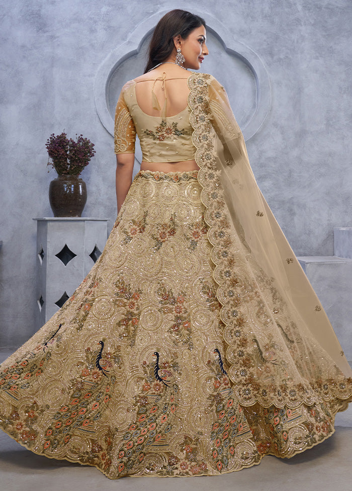 3 Pc Golden Net Semi Stitched Lehenga Set