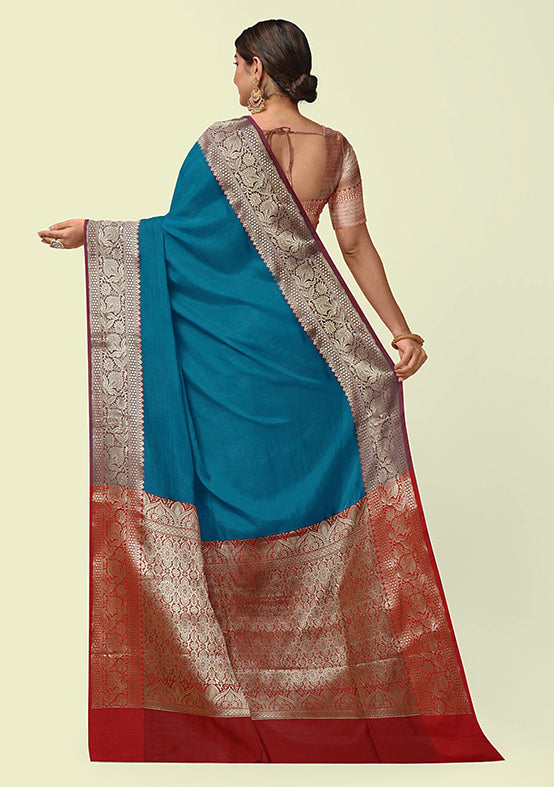 Cerulean Blue Silk Saree With Blouse Piece - Indian Silk House Agencies