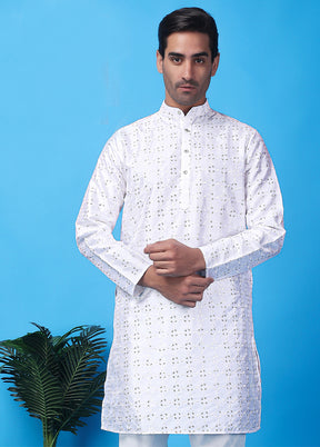 White Silk Embroidered Knee Length Kurta