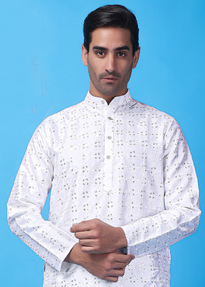 White Silk Embroidered Knee Length Kurta