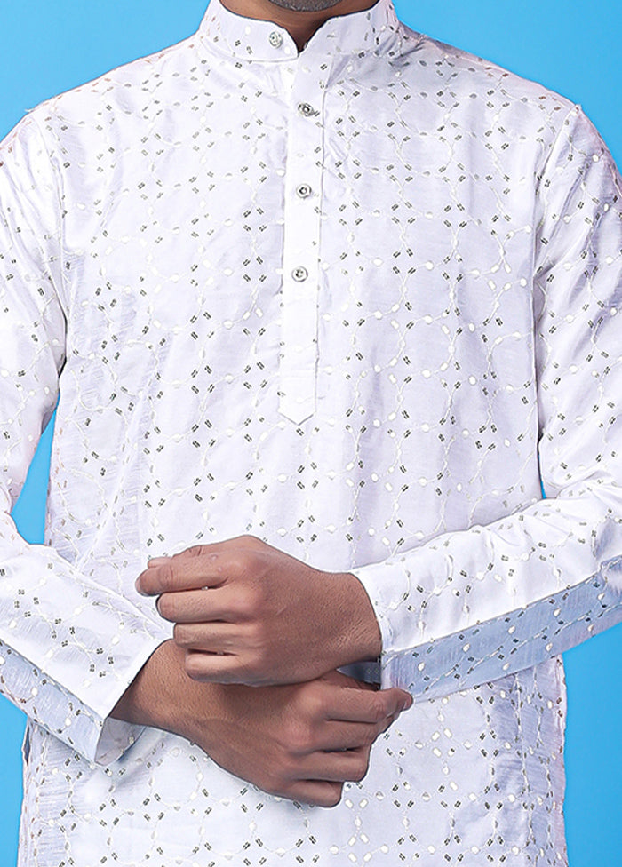 White Silk Embroidered Knee Length Kurta