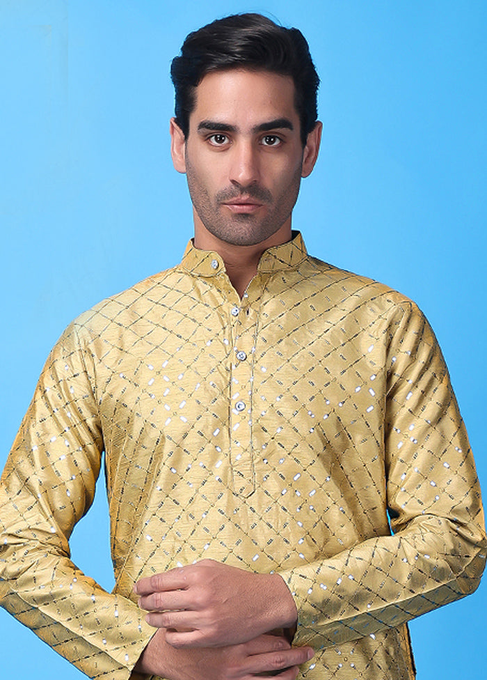 Golden Silk Embroidered Knee Length Kurta