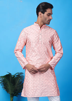 Pink Silk Embroidered Knee Length Kurta