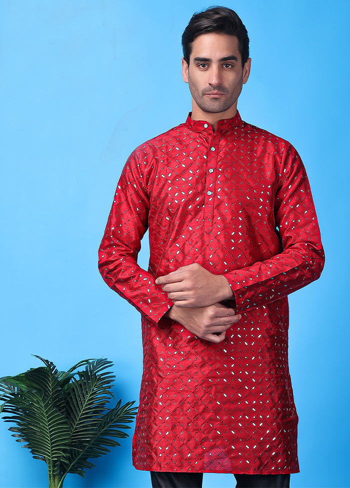 Red Silk Embroidered Knee Length Kurta