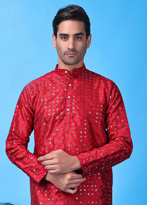 Red Silk Embroidered Knee Length Kurta