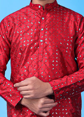 Red Silk Embroidered Knee Length Kurta