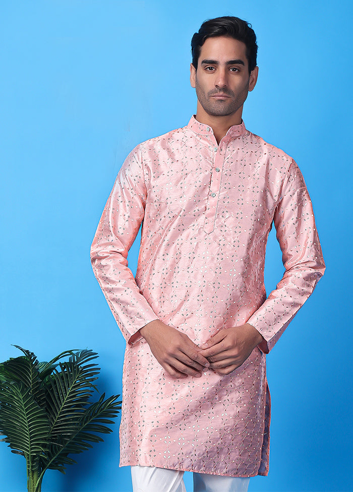 Pink Silk Embroidered Knee Length Kurta