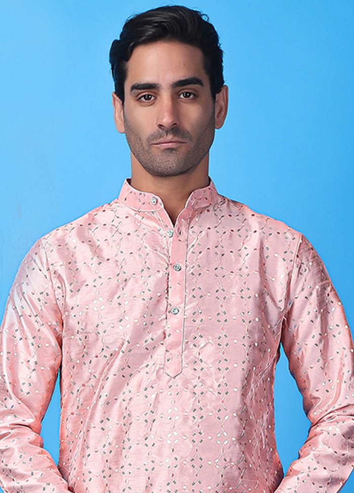 Pink Silk Embroidered Knee Length Kurta