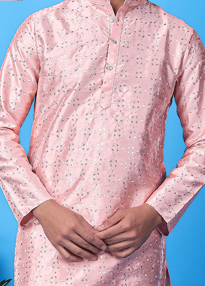 Pink Silk Embroidered Knee Length Kurta