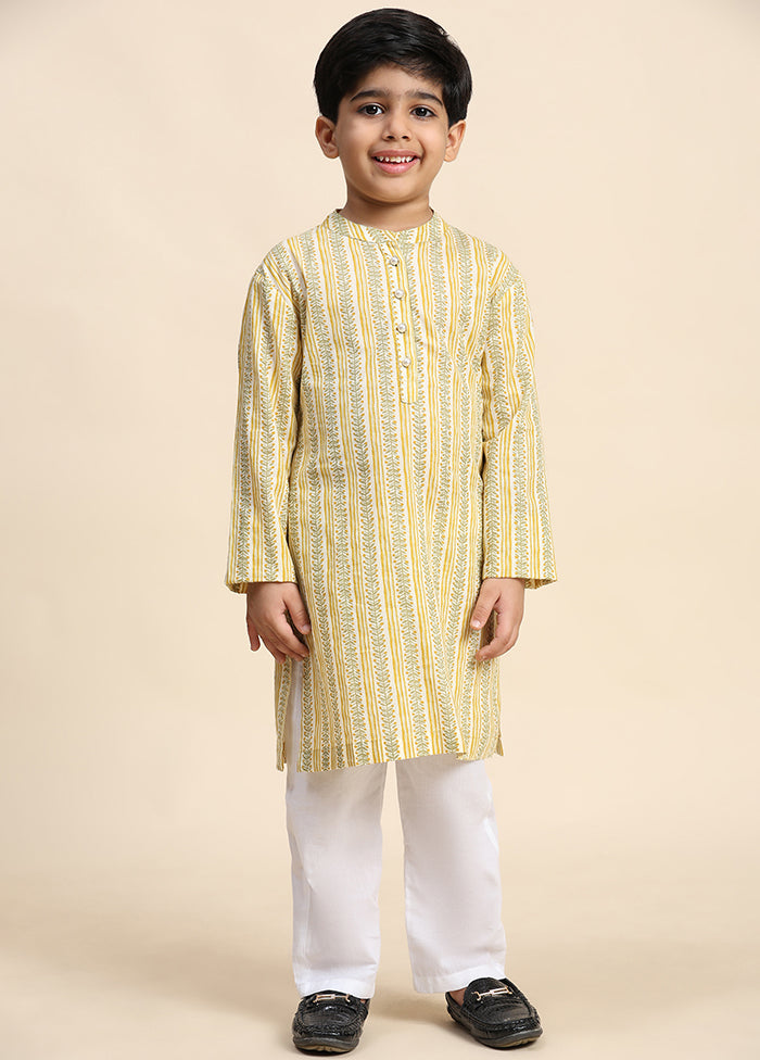 Yellow Cotton Full Sleeves Collar Neckshape Kurta Pajama Set