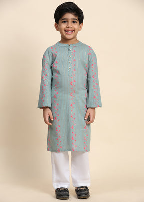 Grey Cotton Full Sleeves Collar Neckshape Kurta Pajama Set