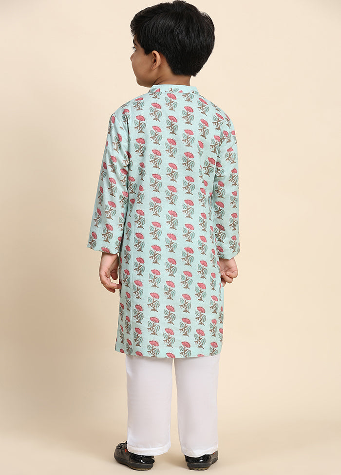 Green Cotton Full Sleeves Collar Neckshape Kurta Pajama Set