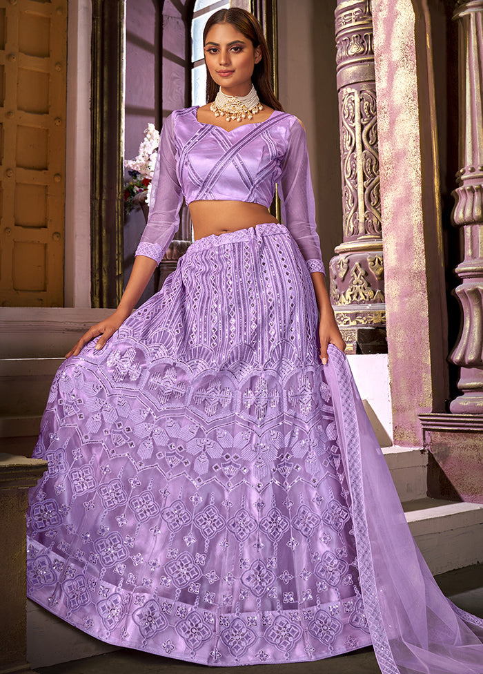 3 Pc Purple Semi Stitched Net Lehenga Set - Indian Silk House Agencies