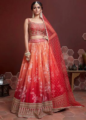 3 Pc Orange Silk Embroidered Lehenga Set - Indian Silk House Agencies