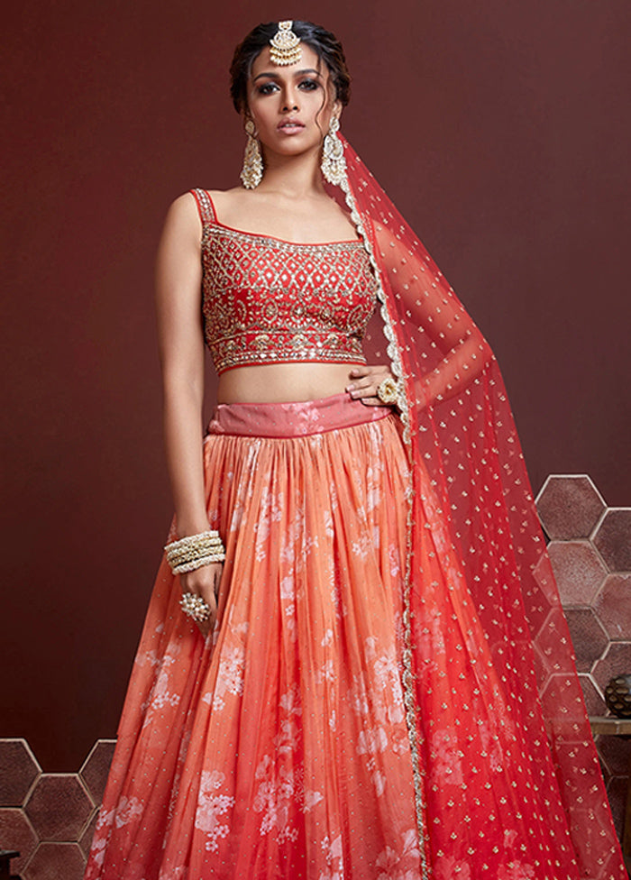 3 Pc Orange Silk Embroidered Lehenga Set - Indian Silk House Agencies