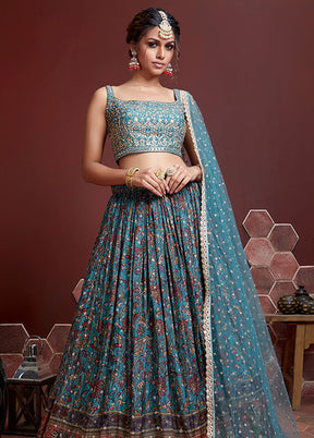 3 Pc Sky Blue Chinon Silk Embroidered Lehenga Set - Indian Silk House Agencies