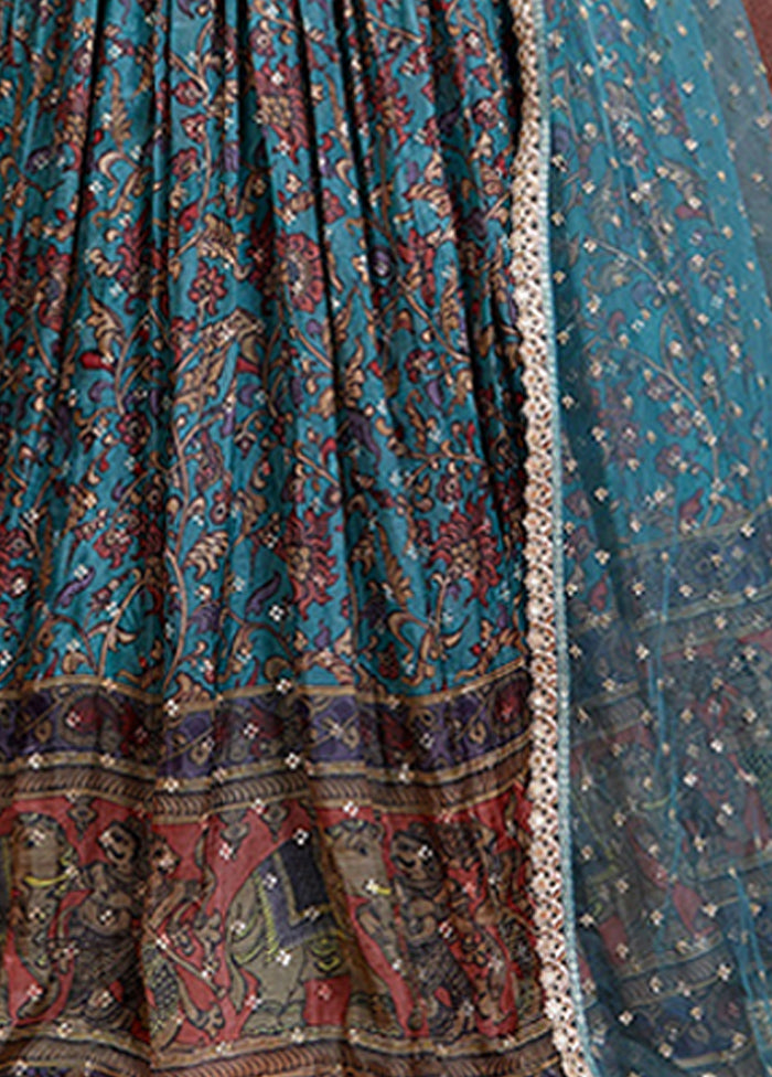 3 Pc Sky Blue Chinon Silk Embroidered Lehenga Set - Indian Silk House Agencies