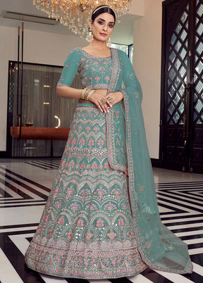 3 Pc Turquoise Organza Embroidered Lehenga Set - Indian Silk House Agencies
