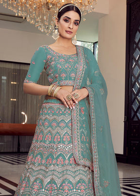 3 Pc Turquoise Organza Embroidered Lehenga Set - Indian Silk House Agencies