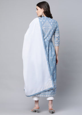 3 Pc Blue Readymade Cotton Anarkali Suit Set VDKSH120427 - Indian Silk House Agencies