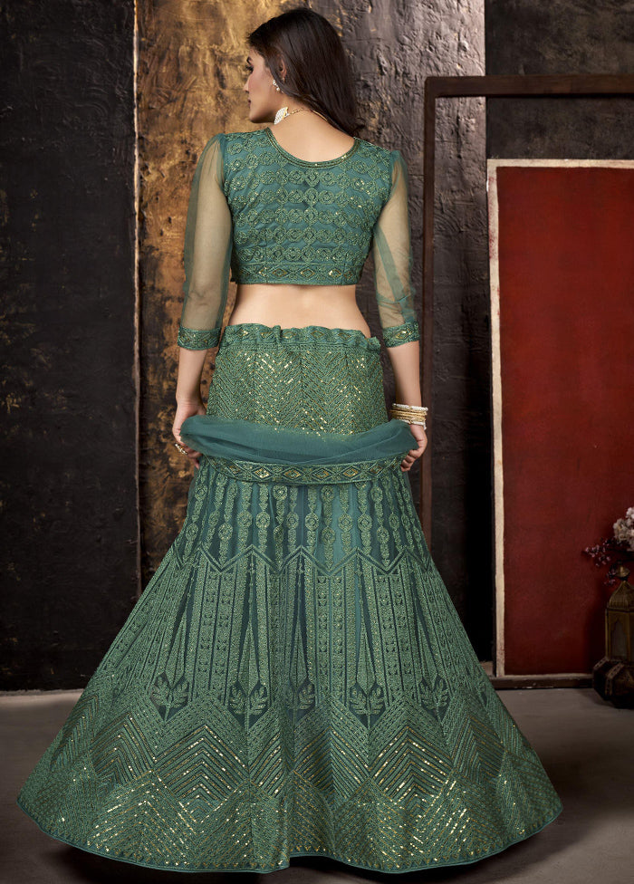 Green Net Embroidered Semi Stitched Lehenga Choli Set - Indian Silk House Agencies