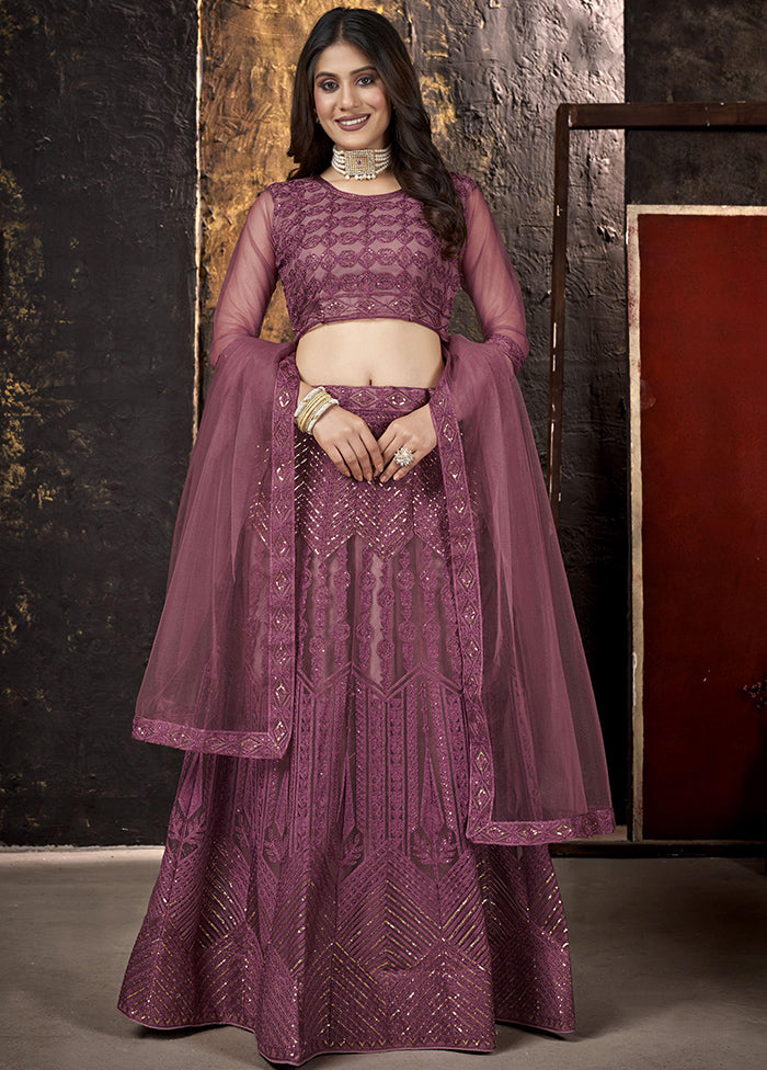 Wine Net Embroidered Semi Stitched Lehenga Choli Set - Indian Silk House Agencies