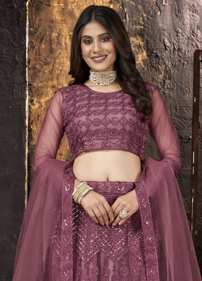 Wine Net Embroidered Semi Stitched Lehenga Choli Set - Indian Silk House Agencies