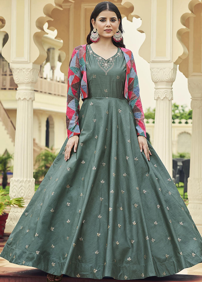 2 Pc Green Ethnic Semistitched Gown Style Dress And Koti VDKSH810222 - Indian Silk House Agencies