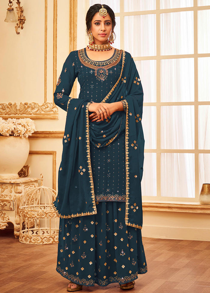3 Pc Teal Blue Georgette Suit Set With Dupatta VDKSH810252 - Indian Silk House Agencies