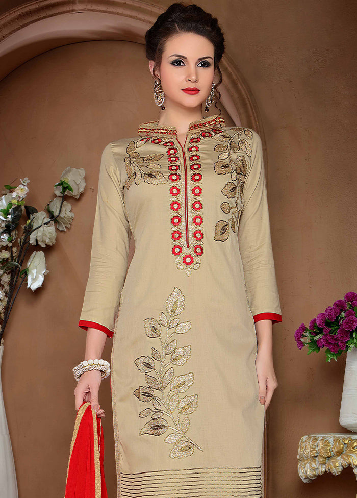 3 Pc Beige Unstitched Cotton Salwar Suit With Dupatta VDKSH810255 - Indian Silk House Agencies