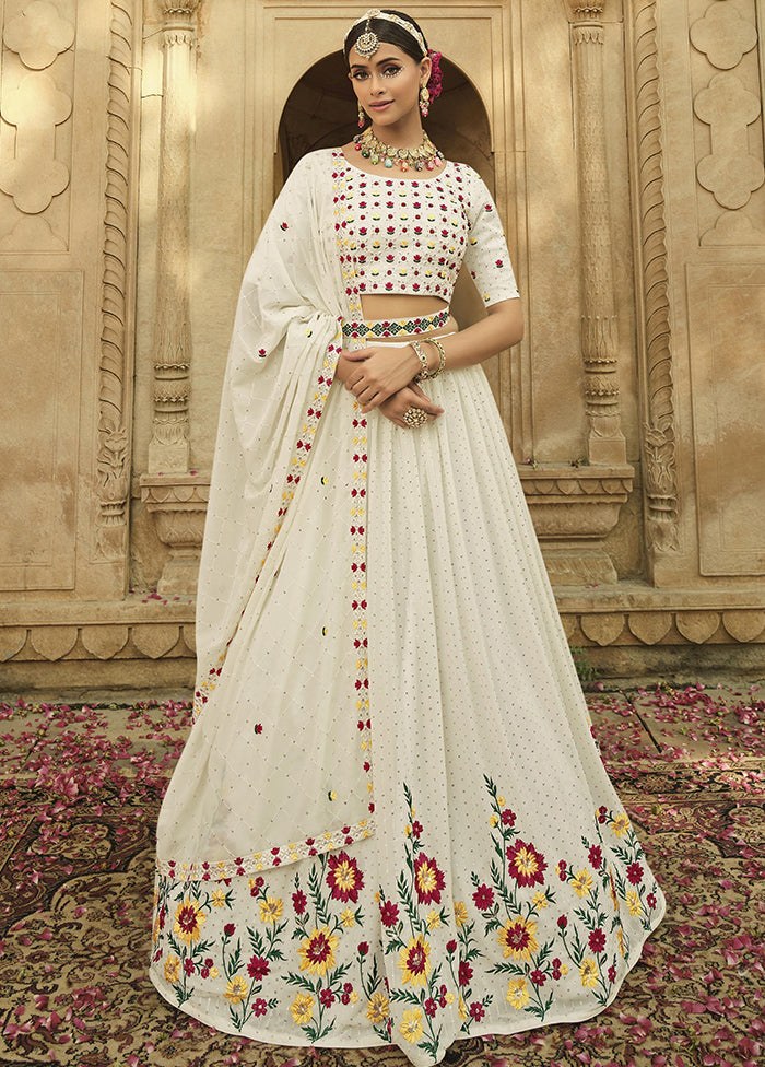 White Semi Stitched Lehenga Choli Set With Dupatta - Indian Silk House Agencies