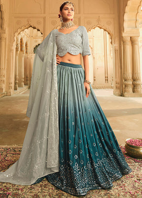 Blue Semi Stitched Lehenga Choli Set With Dupatta - Indian Silk House Agencies