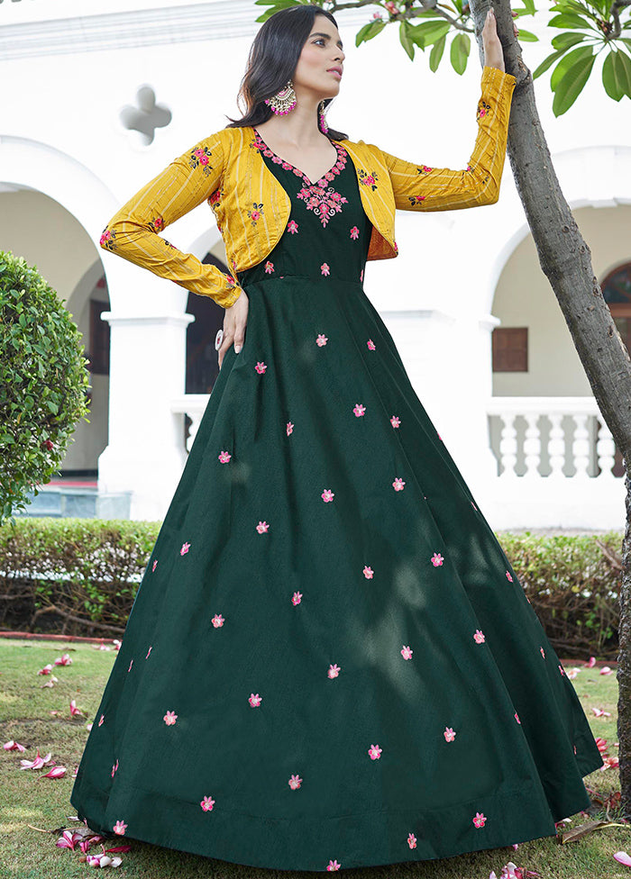 Green Cotton Long Dress With Attached Koti Jacket VDKSH1110253 - Indian Silk House Agencies