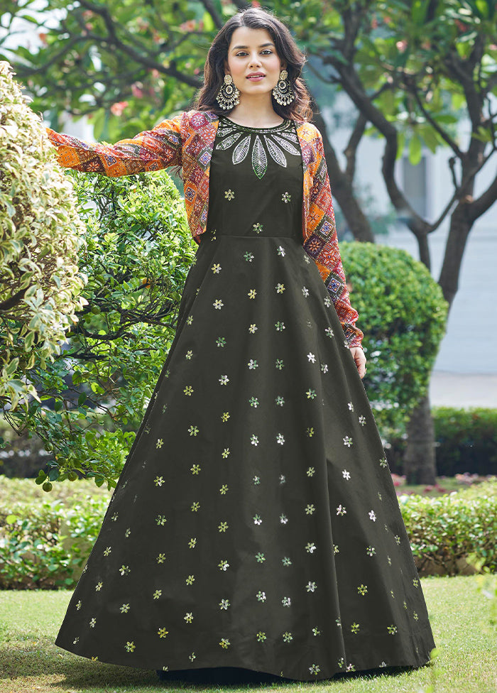 Brown Cotton Long Dress With Attached Koti Jacket VDKSH1110254 - Indian Silk House Agencies
