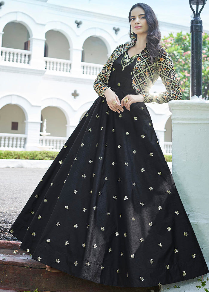 Black Cotton Long Dress With Attached Koti Jacket VDKSH1110255 - Indian Silk House Agencies