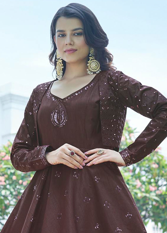 Maroon Cotton Long Dress With Attached Koti Jacket VDKSH1110256 - Indian Silk House Agencies