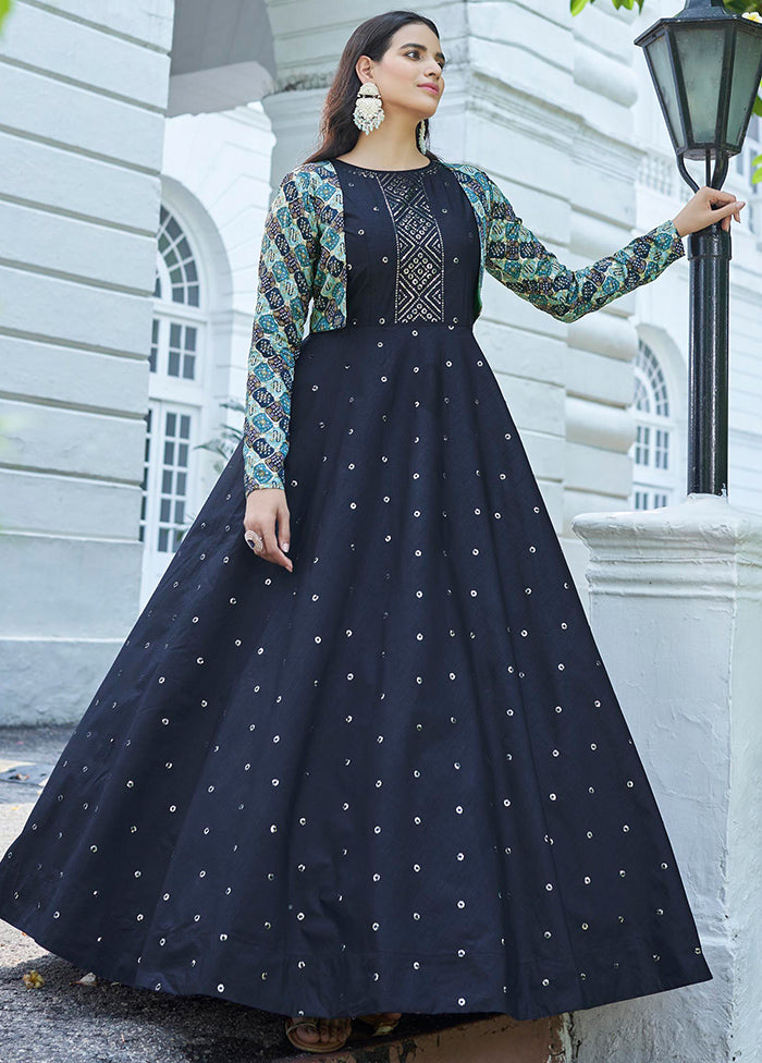 Blue Cotton Long Dress With Attached Koti Jacket VDKSH1110257 - Indian Silk House Agencies