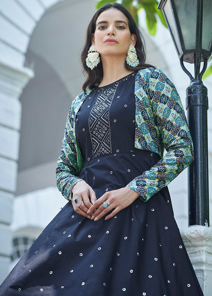 Blue Cotton Long Dress With Attached Koti Jacket VDKSH1110257 - Indian Silk House Agencies