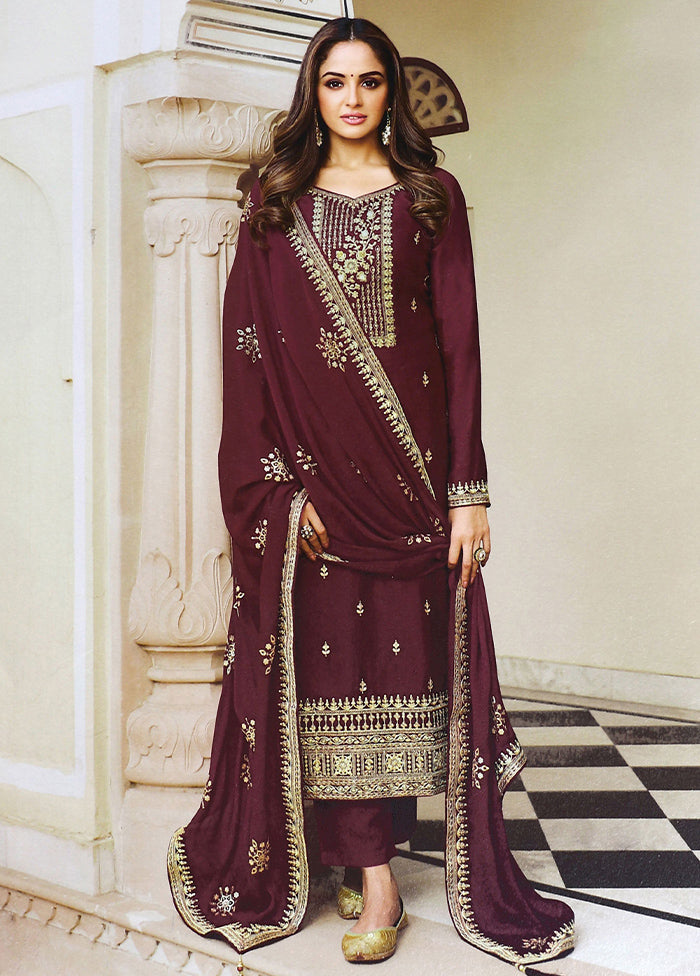 3 Pc Wine Salwar Suit Set With Dupatta VDKSH1110274 - Indian Silk House Agencies