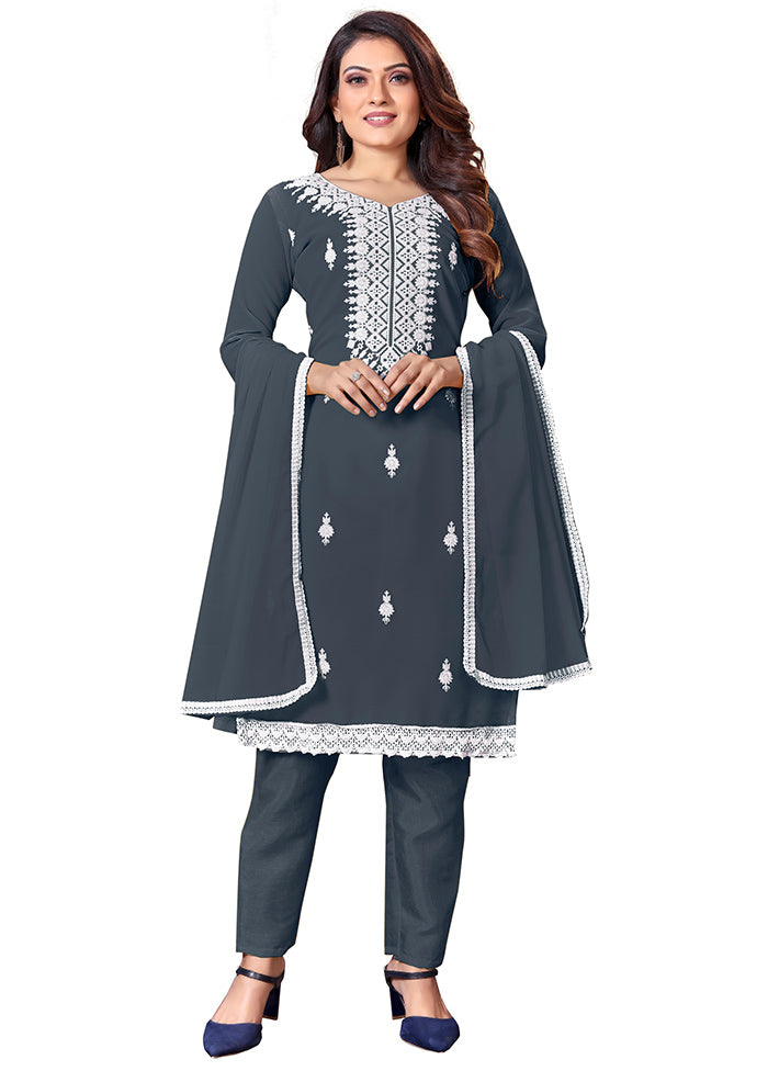 3 Pc Grey Unstitched Georgette Suit Set With Dupatta VDKSH1310237 - Indian Silk House Agencies