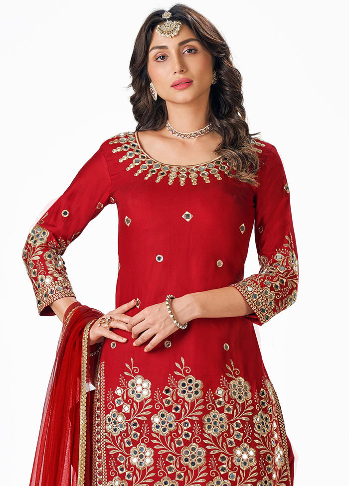 3 Pc Red Georgette Mirror Suit Set With Dupatta VDKSH1410229 - Indian Silk House Agencies