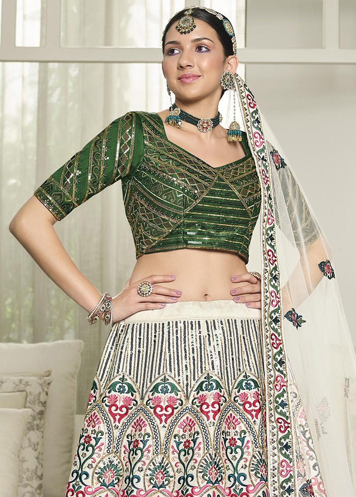 White Semi Stitched Silk Sequence Embroidered Lehenga Choli - Indian Silk House Agencies